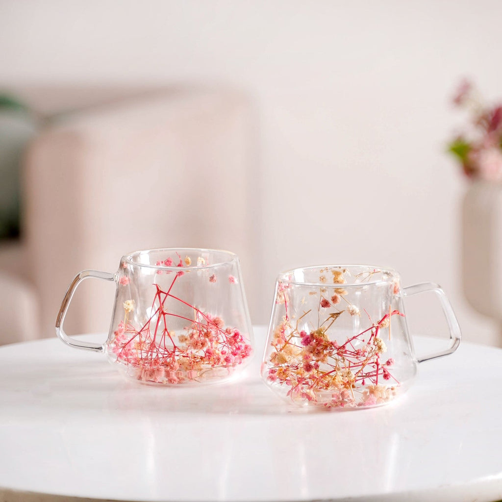 Real Flower Inside Double Wall Glass Cup Set Of 2 180ml Nestasia