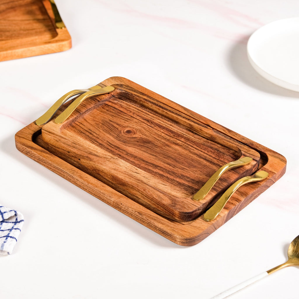 Rectangle Wooden Serving Tray With Gold Handles Set Of 2 Nestasia