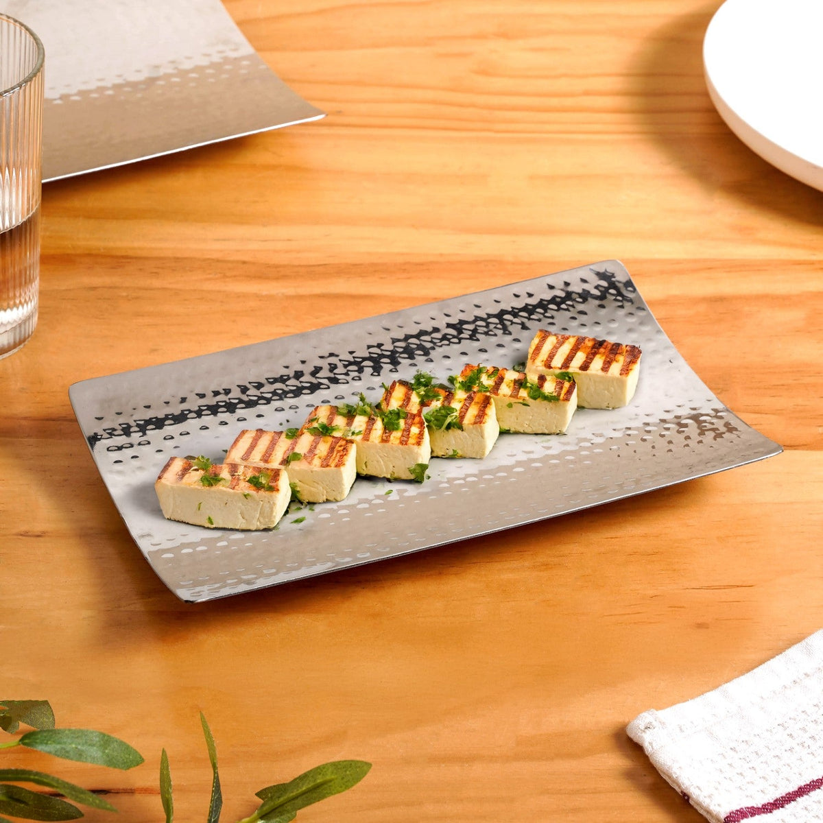 Curved Stainless Steel Hammered Food Platter 25x15cm Nestasia