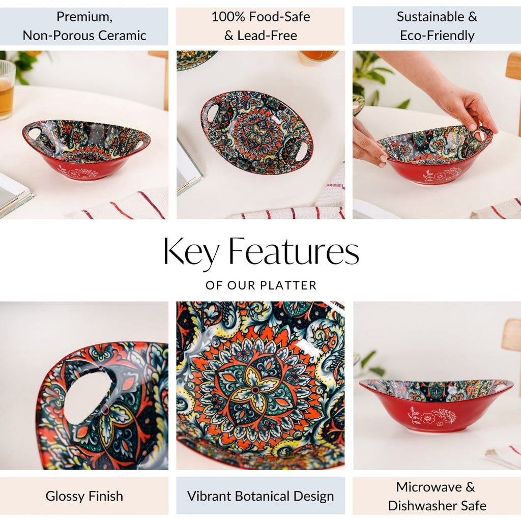 Red Mystic Mandala Ceramic Long Dish 400ml Nestasia
