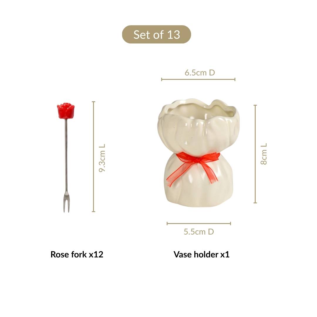 Red Rose Fruit Fork With Ceramic Vase Set Of 13 Nestasia