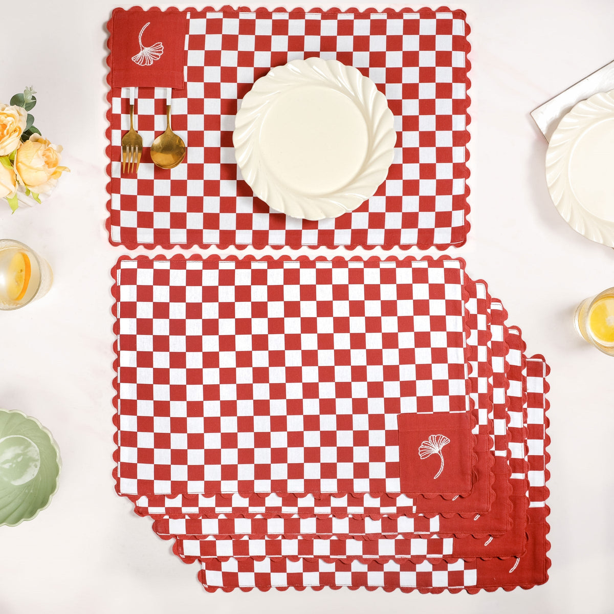 Retro Cotton Embroidered Table Mat Red Set Of 6 Nestasia