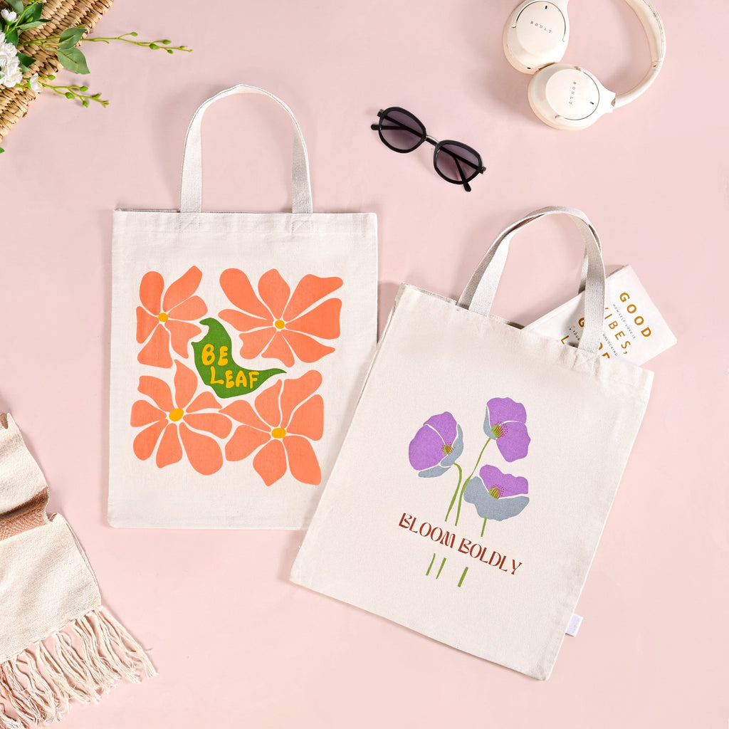 Flower Power Reusable Printed Canvas Tote Bag Set Of 2 Nestasia