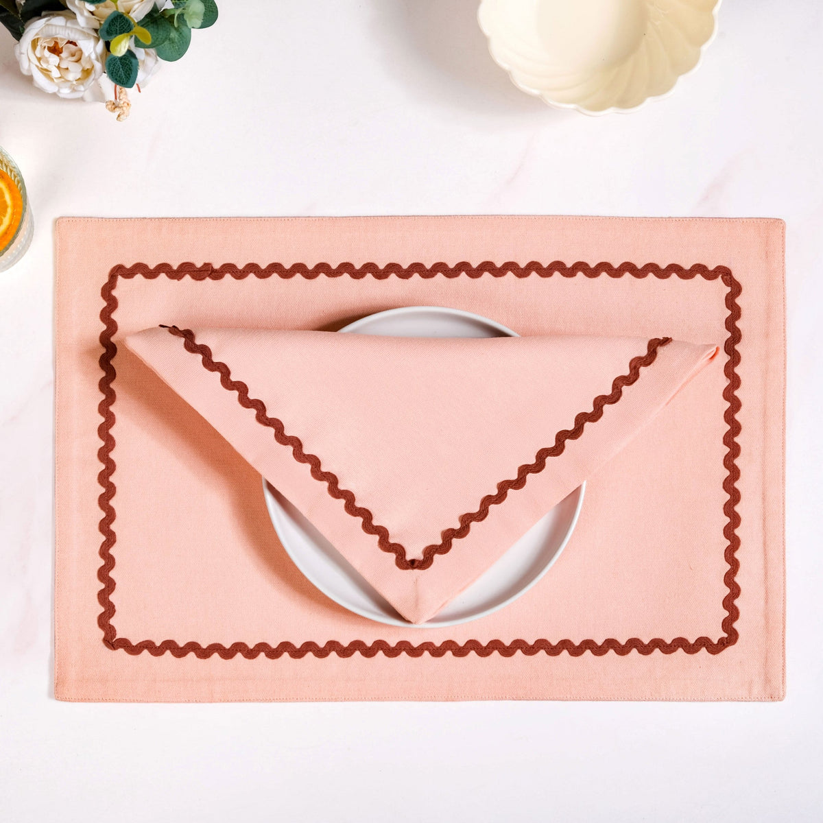 Madeline Peach Cotton Napkin Set Of 6 With Rick Rack Nestasia