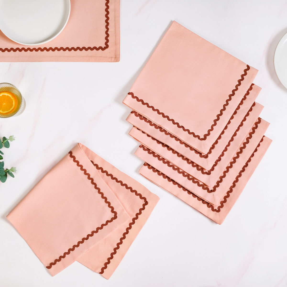 Madeline Peach Cotton Napkin Set Of 6 With Rick Rack Nestasia