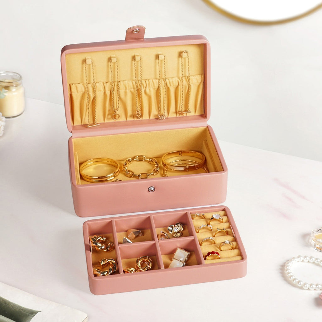 Vegan Leather Two Tier Jewellery Box Pink Nestasia