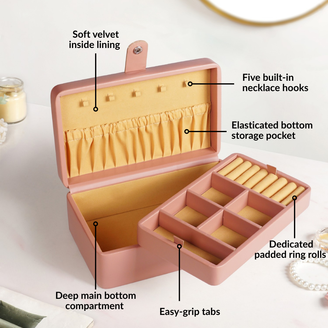 Vegan Leather Two Tier Jewellery Box Pink Nestasia