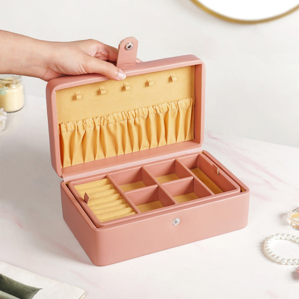 Vegan Leather Two Tier Jewellery Box Pink Nestasia