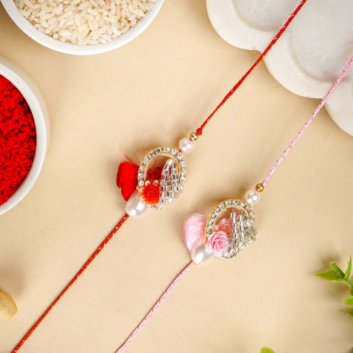 Rose and Pearl Set Of 2 Rakhi Gift Set Nestasia