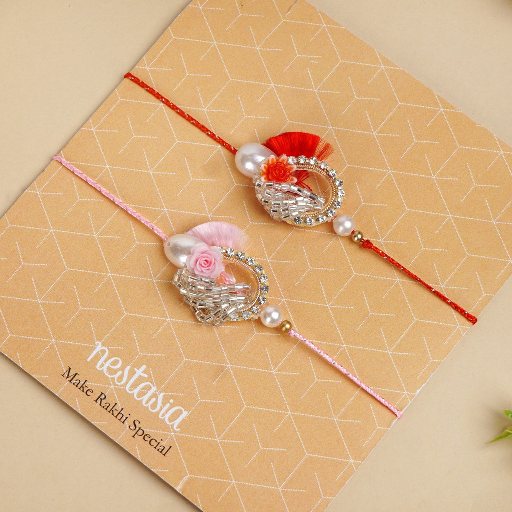 Rose and Pearl Set Of 2 Rakhi Gift Set Nestasia