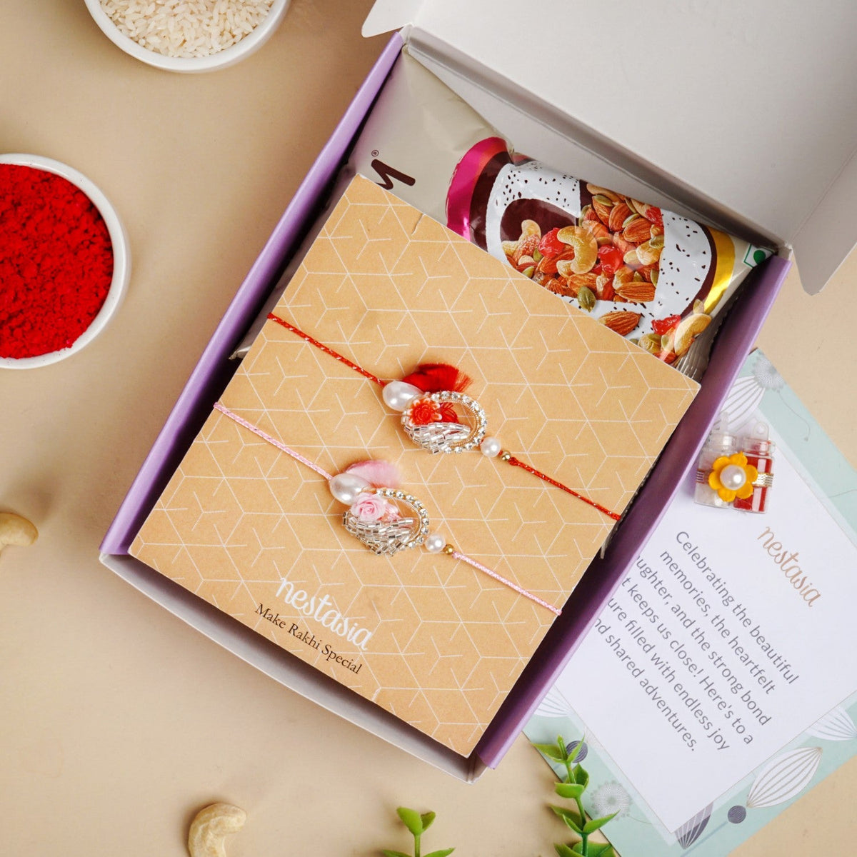 Rose and Pearl Set Of 2 Rakhi Gift Set Nestasia