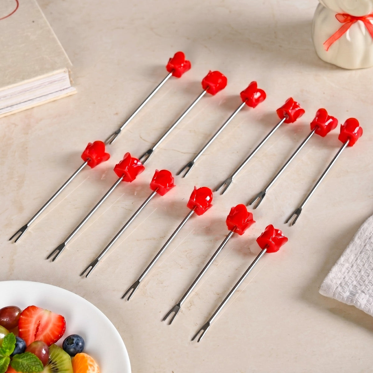 Red Rose Fruit Fork With Ceramic Vase Set Of 13 Nestasia