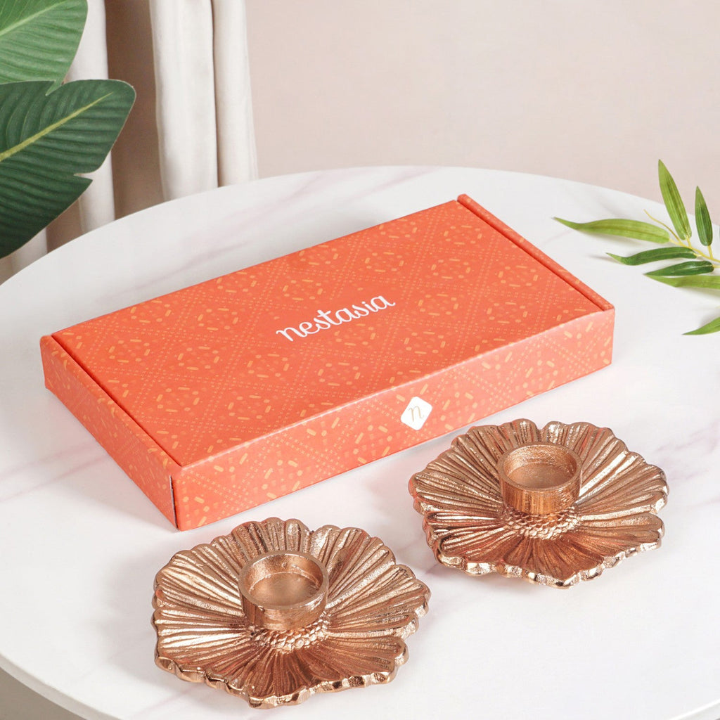 Rose Gold Tealight Candle Holder Set Of 2 In Festive Gift Box Nestasia