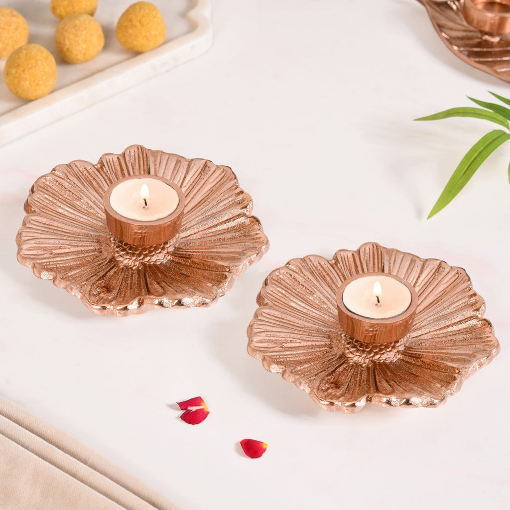 Rose Gold Tealight Candle Holder Set Of 2 In Festive Gift Box Nestasia