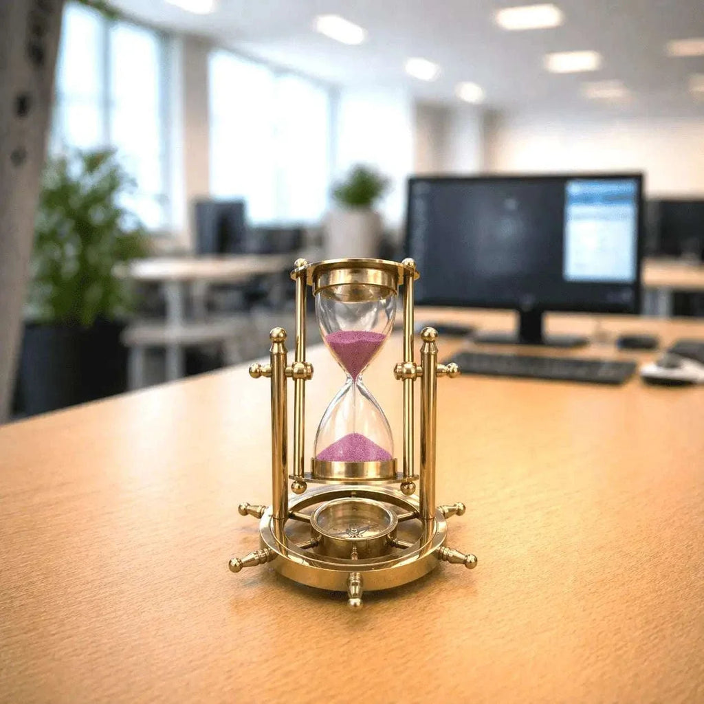 Brass Rotating Sand Clock With Compass And Wooden Stand Vedansh Craft