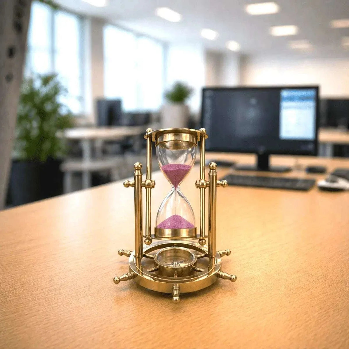 Brass Rotating Sand Clock With Compass And Wooden Stand Vedansh Craft