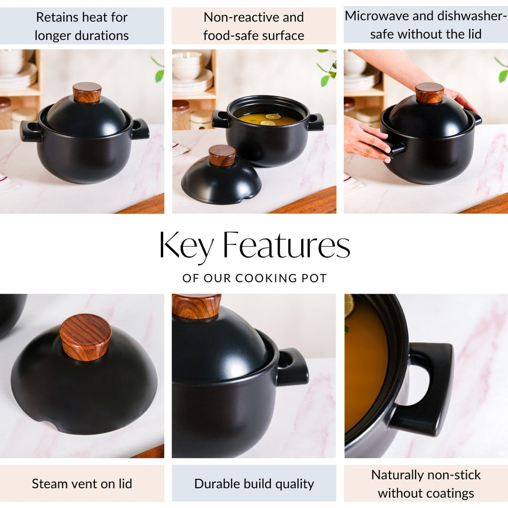 Claymist Black Cooking Pot With Lid 2800ml Nestasia