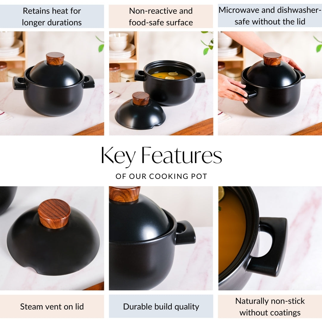Claymist Black Cooking Pot With Lid 2800ml Nestasia