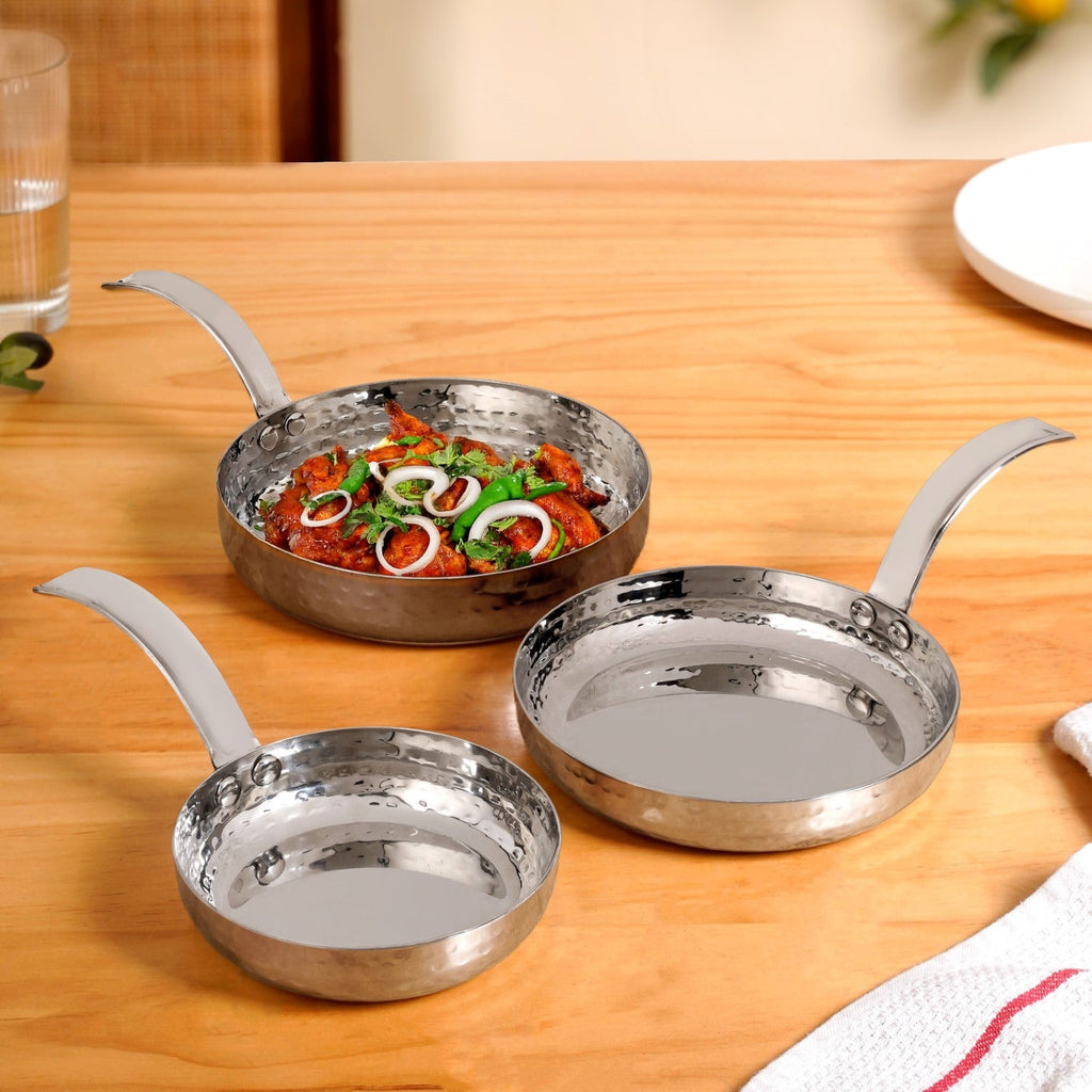 Hammered Stainless Steel Serving Pan With Handle Set Of 3 Nestasia