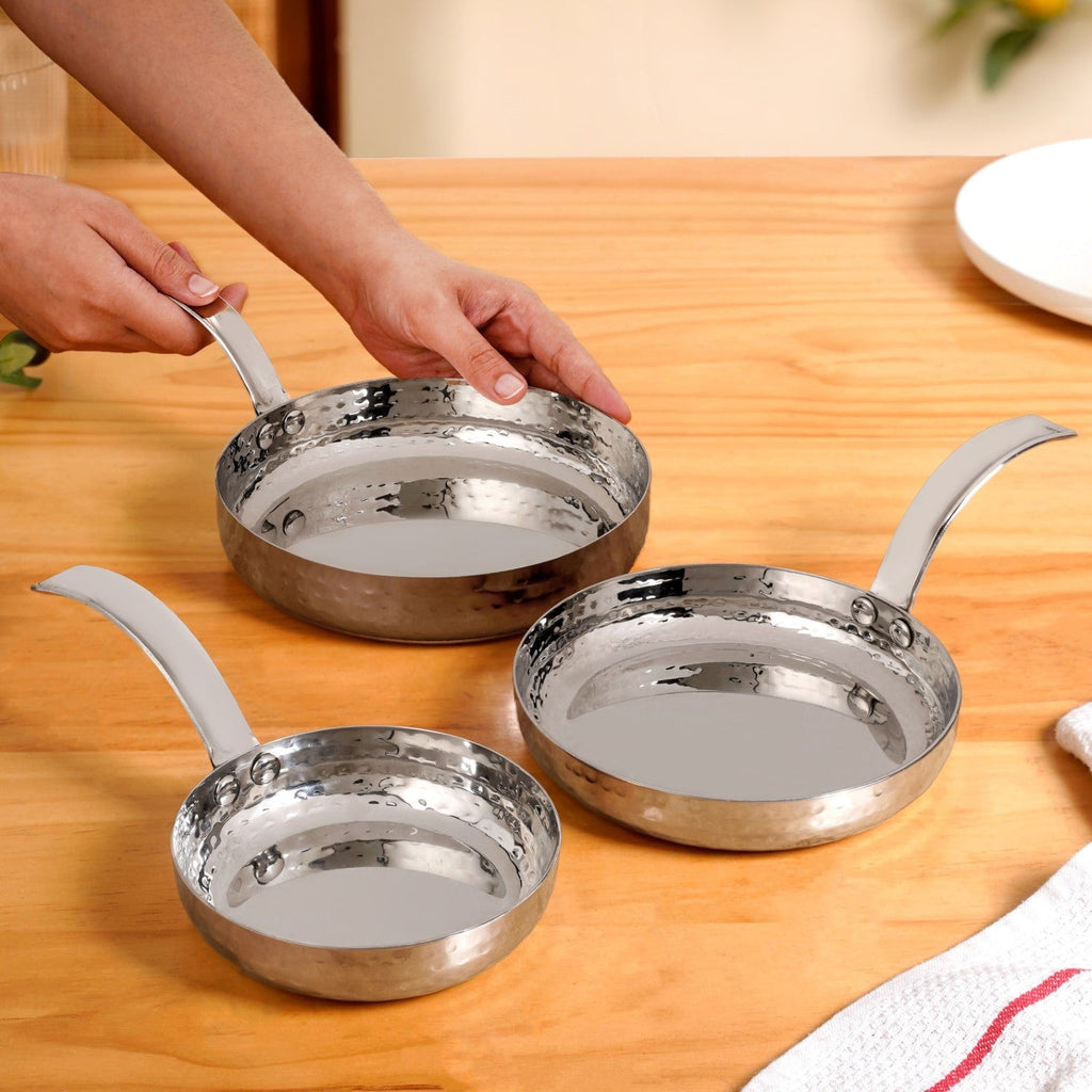 Hammered Stainless Steel Serving Pan With Handle Set Of 3 Nestasia