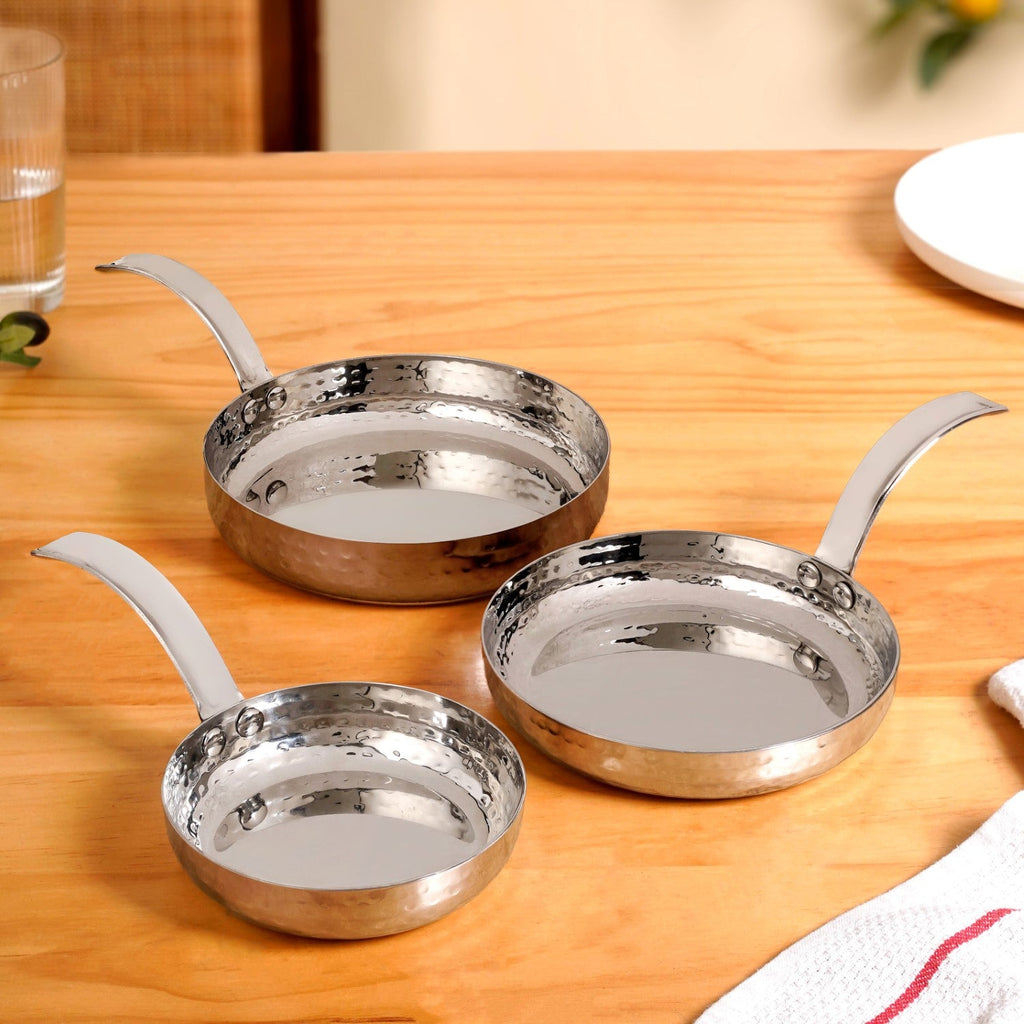 Hammered Stainless Steel Serving Pan With Handle Set Of 3 Nestasia
