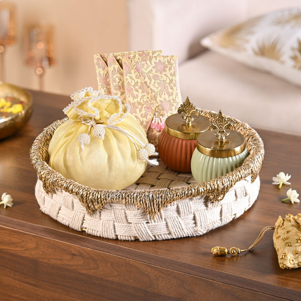 Round Handwoven Tray Basket Gold White Nestasia