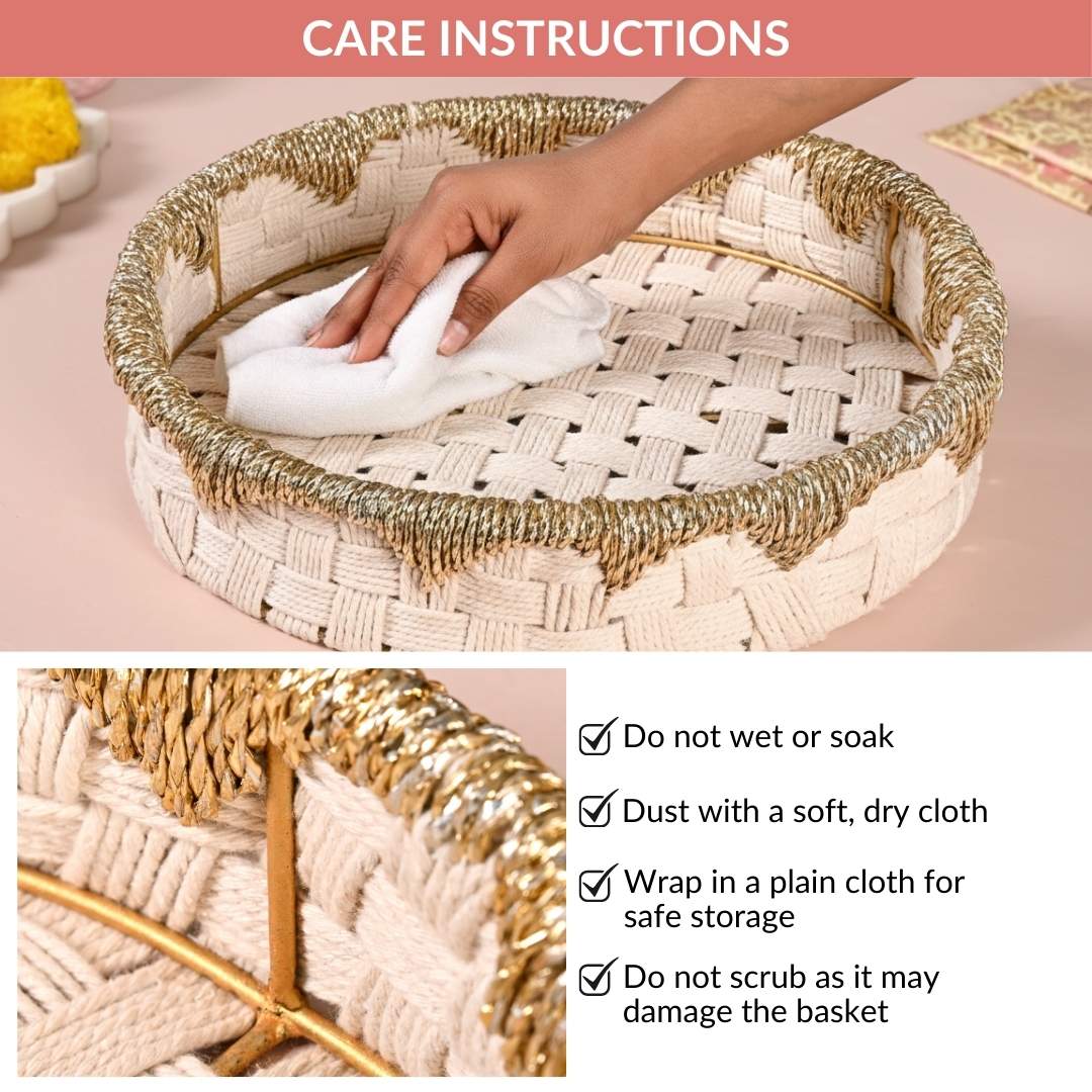 Round Handwoven Tray Basket Gold White Nestasia
