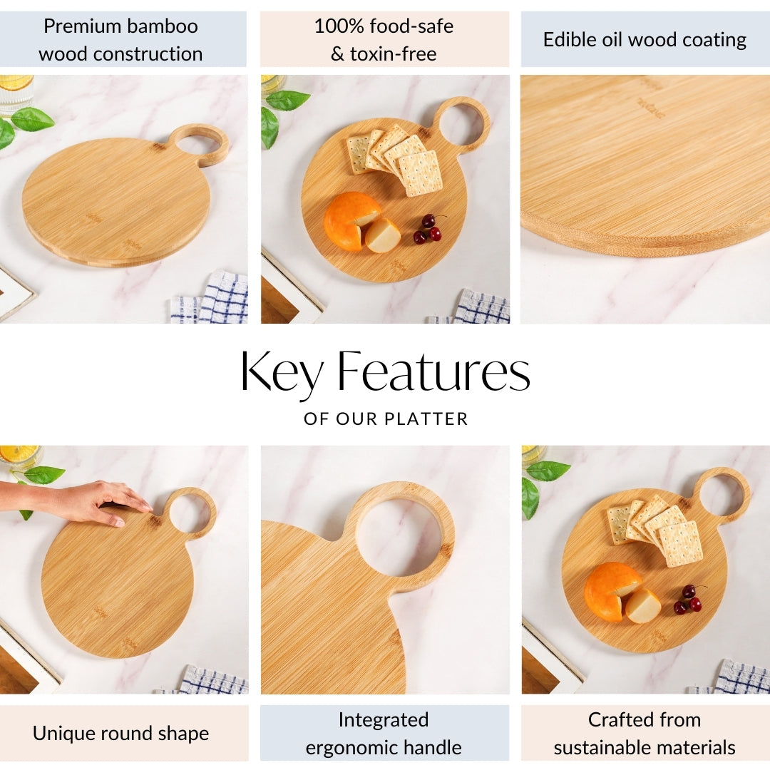 Mod Round Bamboo Serving Platter With Handle 12 Inch Nestasia