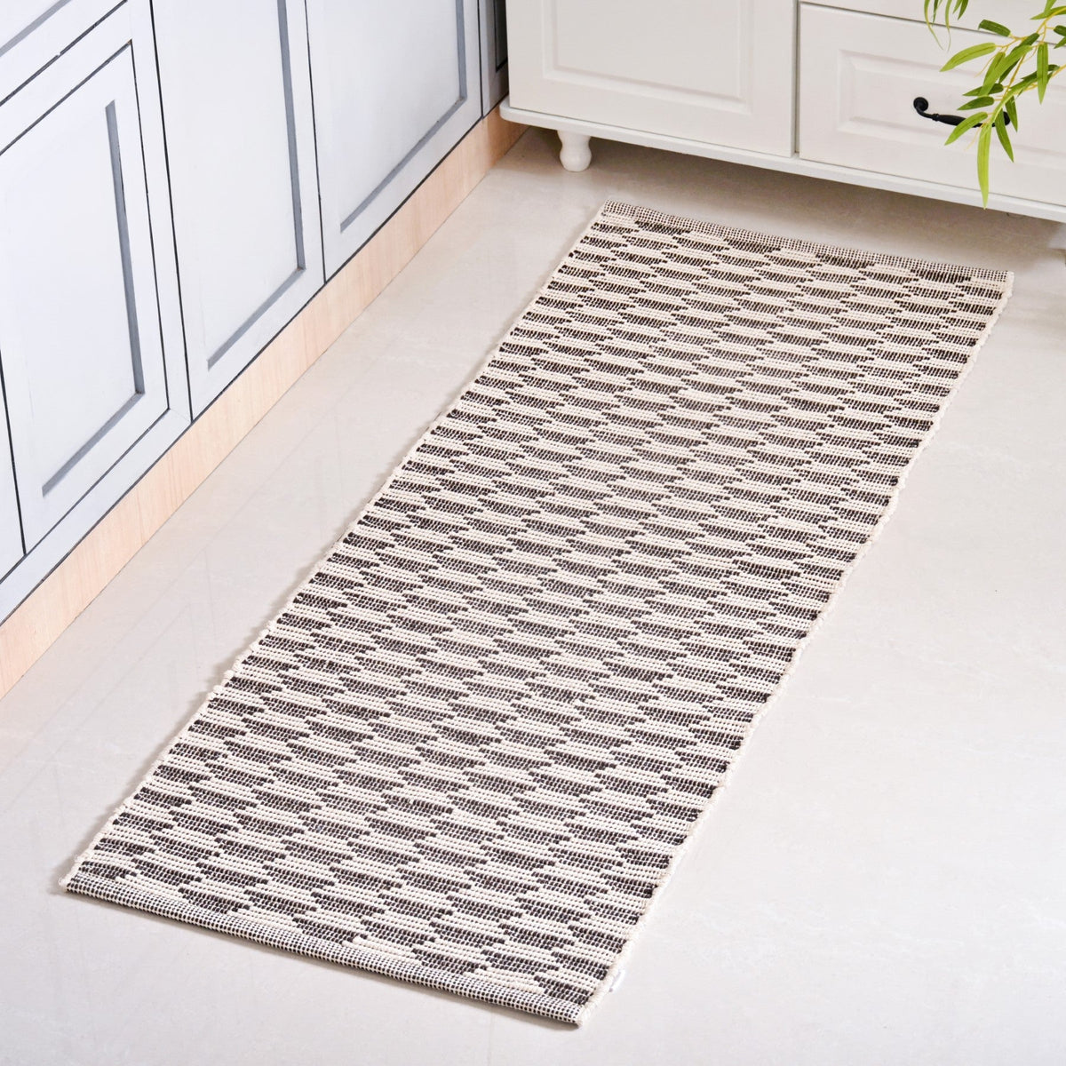 Boho Weave Floor Runner Cotton Mat Brown White 134x50cm Nestasia