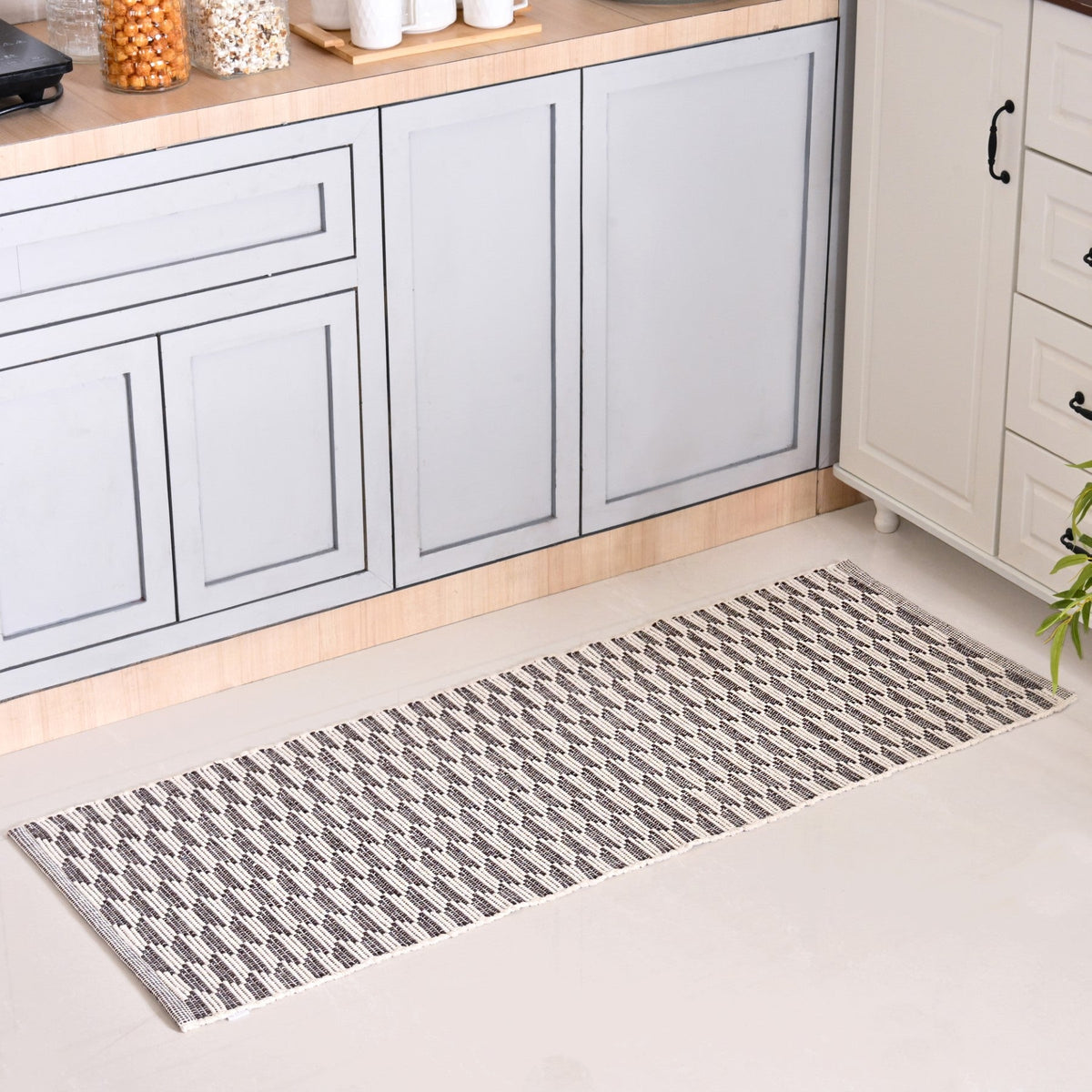 Boho Weave Floor Runner Cotton Mat Brown White 134x50cm Nestasia