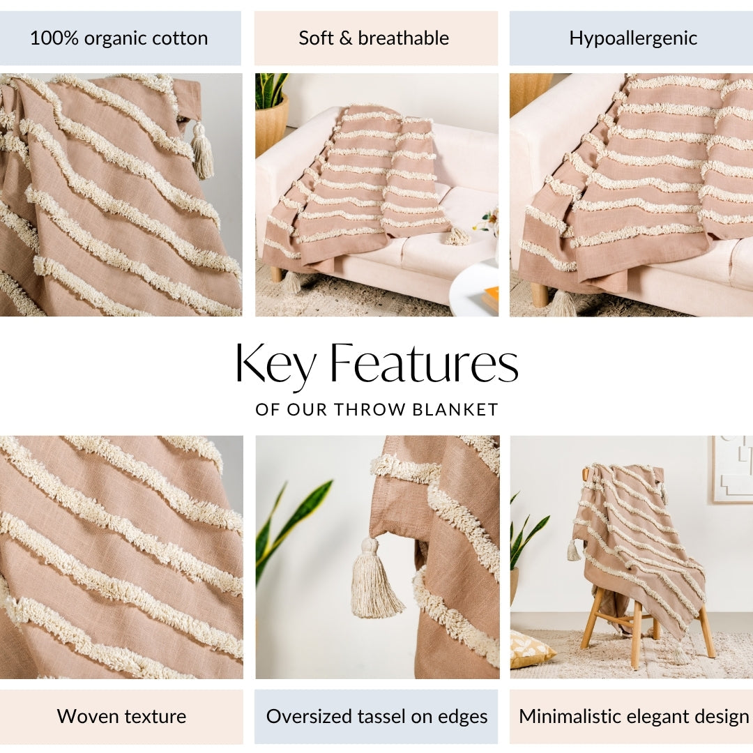 Tufted Stripes Throw Blanket Taupe Brown Nestasia