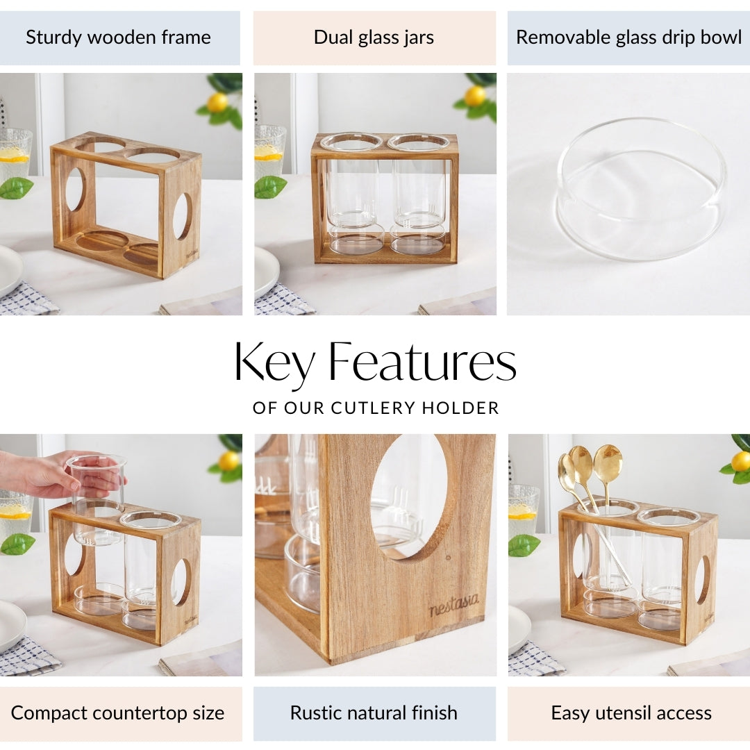 Rustic Wooden Cutlery Stand With Glass Holders Nestasia