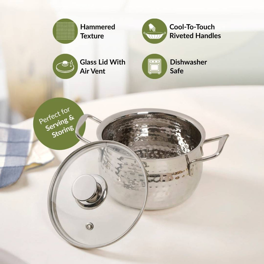 Steel Hammered Serving Handi With Glass Lid 1250ml Nestasia
