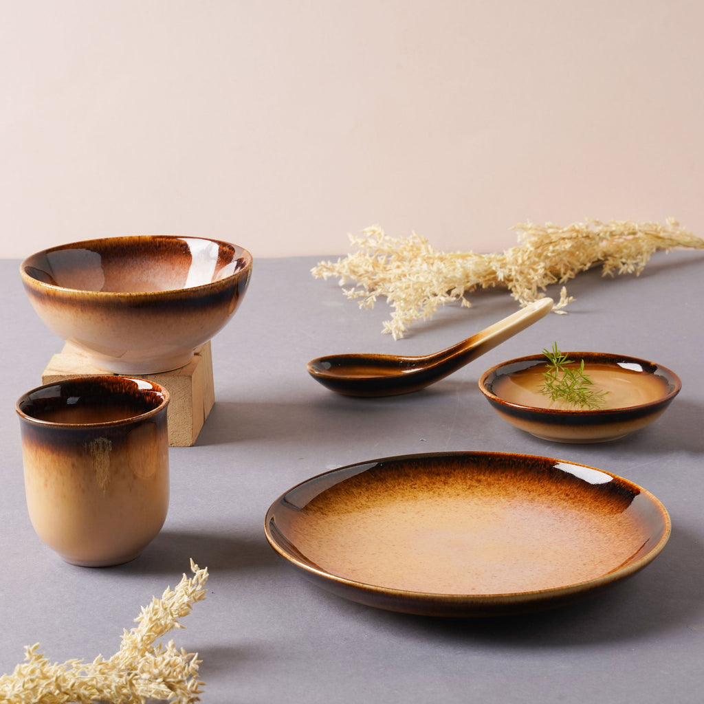 Brown Ceramic dinner set components For One Nestasia