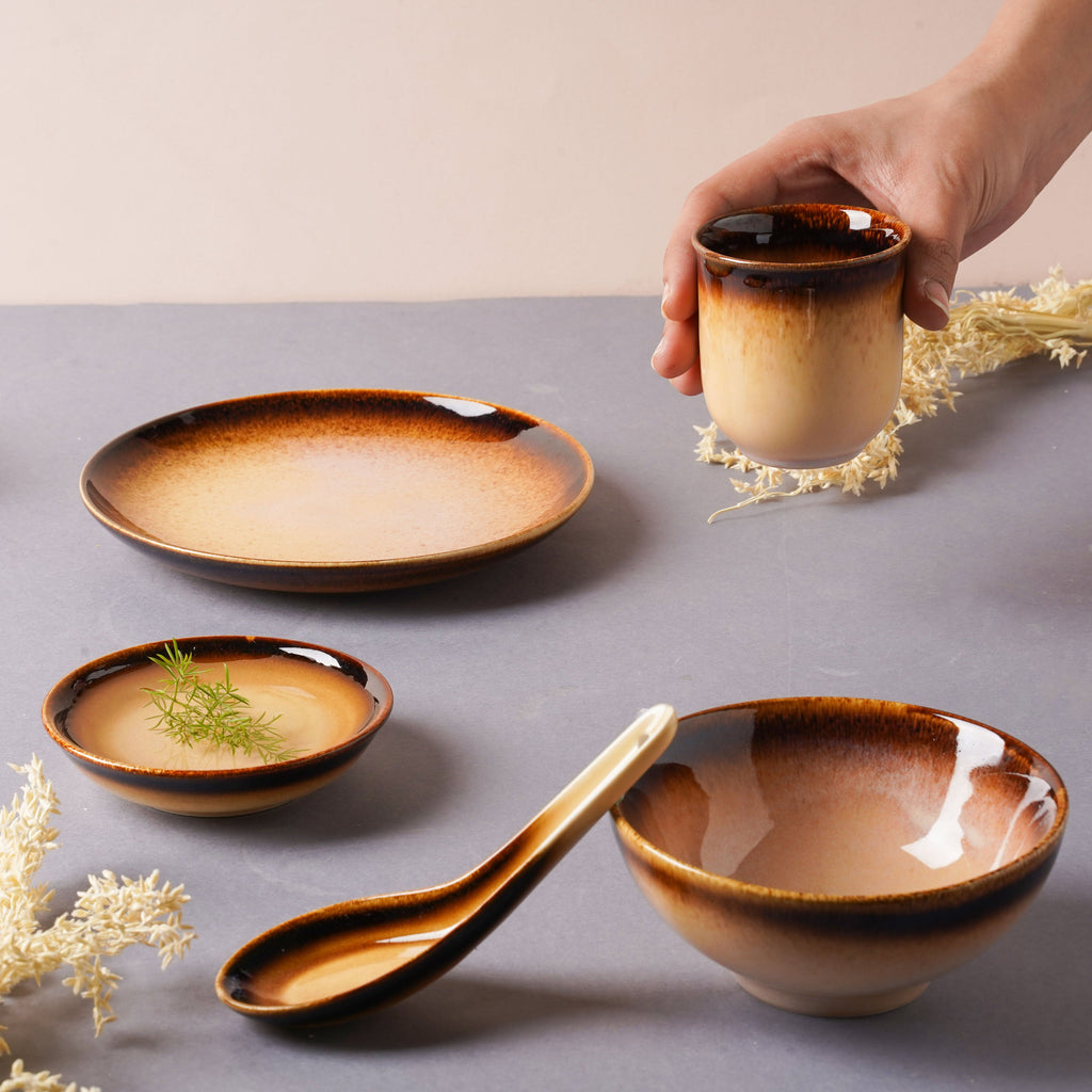Brown Ceramic dinner set components For One Nestasia