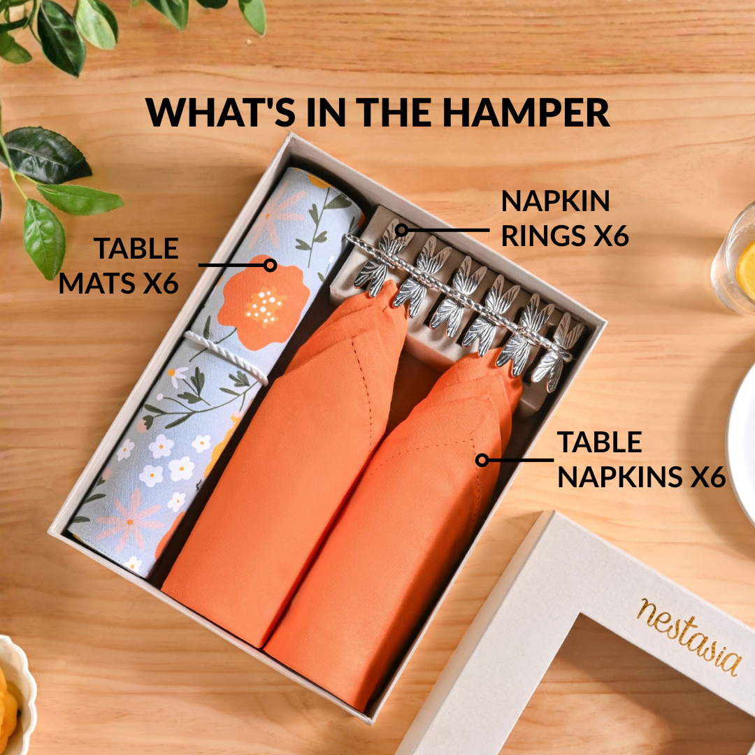 Arancia Table Linen Hamper With Set Of 6 Rings Napkins And Mats Nestasia