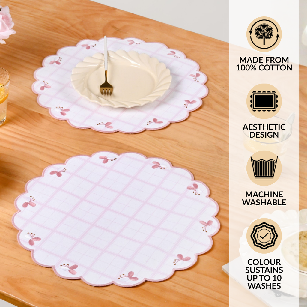 Pink Periwinkle Cotton Embroidered Table Mat Set Of 6 Nestasia