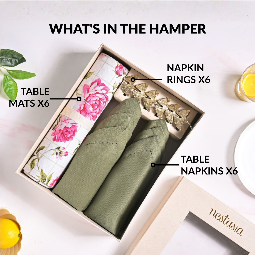 Floral Rouge Table Linen Gift Hamper With Set Of 6 Rings Napkins And Mats Nestasia