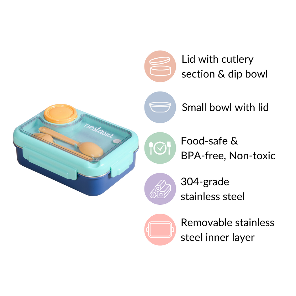 Bento Lunch Box With 3 Compartments Blue 750ml Nestasia