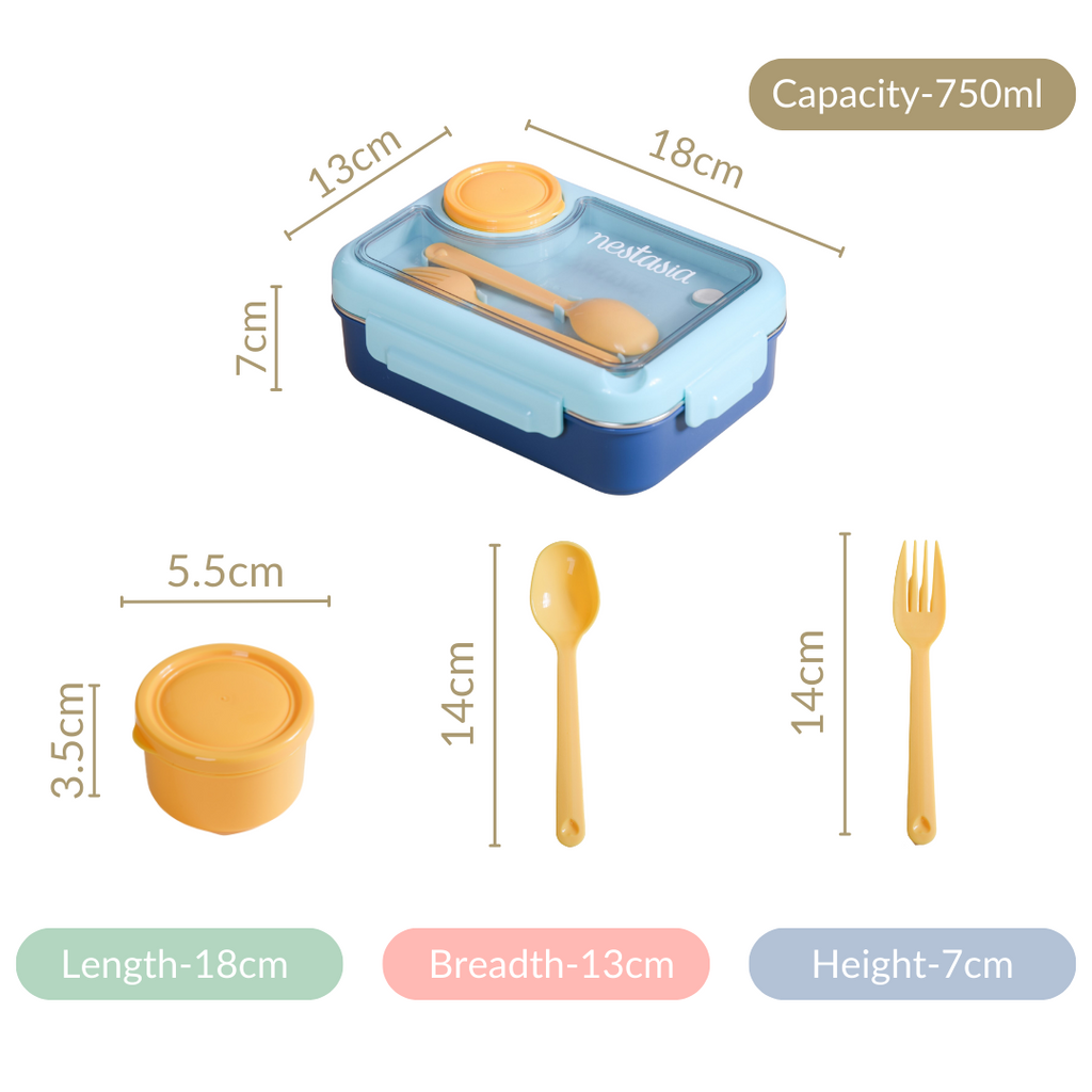 Bento Lunch Box With 3 Compartments Blue 750ml Nestasia