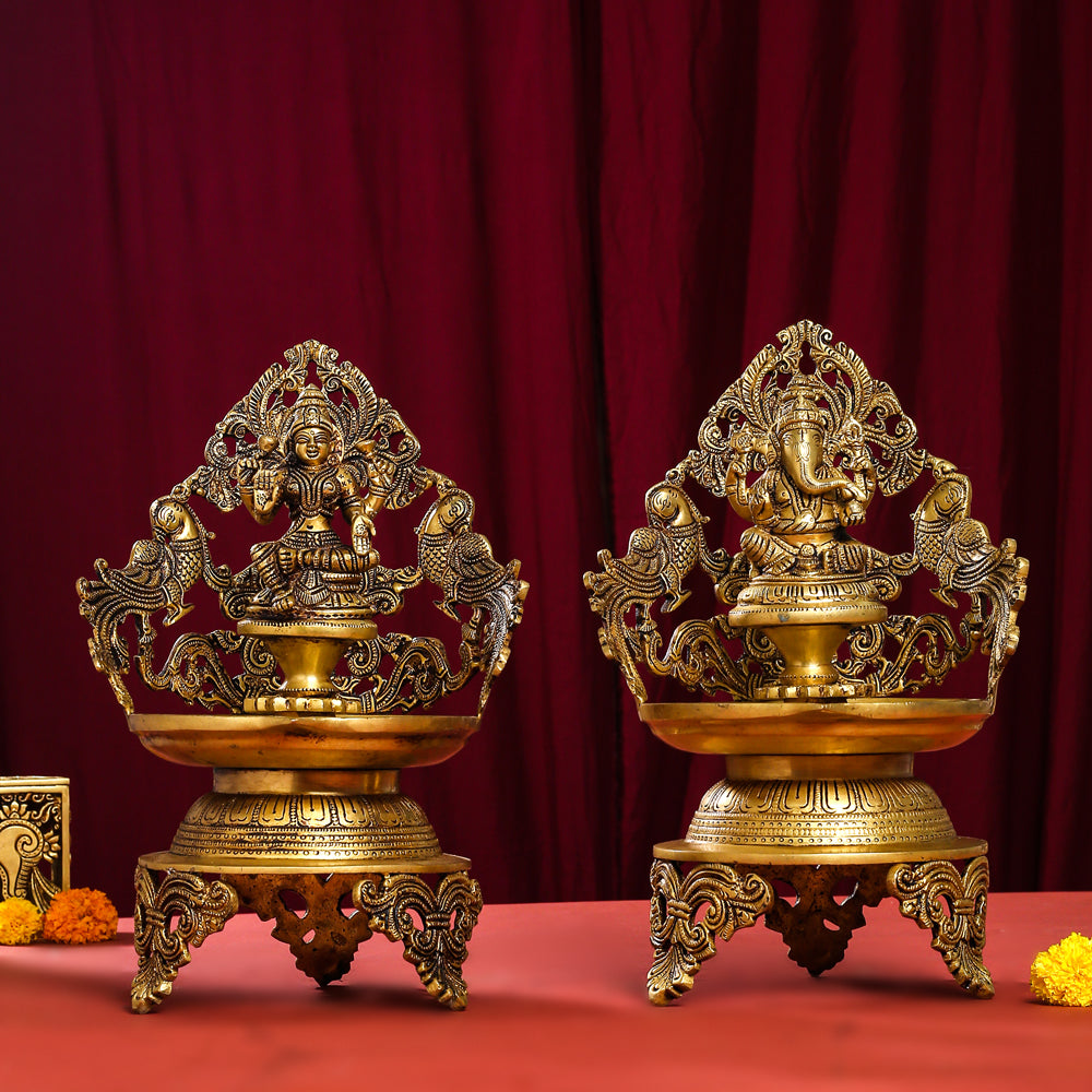 Brass Ganesha And Lakshmi Urli/Diya Set (13.5 Inch) Vedansh Craft