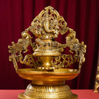 Brass Ganesha And Lakshmi Urli/Diya Set (13.5 Inch) Vedansh Craft