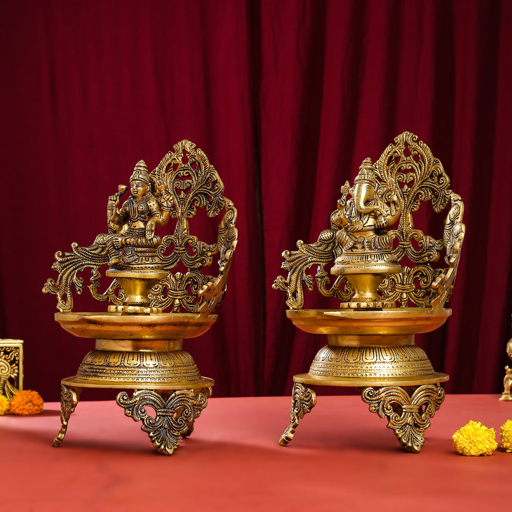 Brass Ganesha And Lakshmi Urli/Diya Set (13.5 Inch) Vedansh Craft