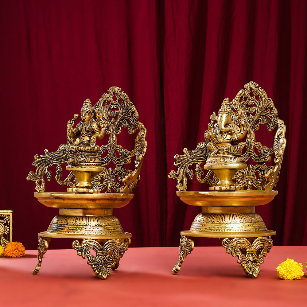 Brass Ganesha And Lakshmi Urli/Diya Set (13.5 Inch) Vedansh Craft
