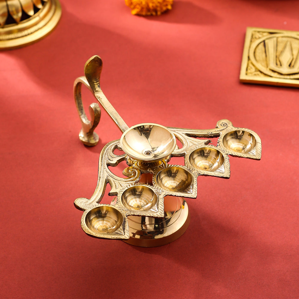 Brass Elegant Panch Aarti With Handle (6.5 Inch) Vedansh Craft