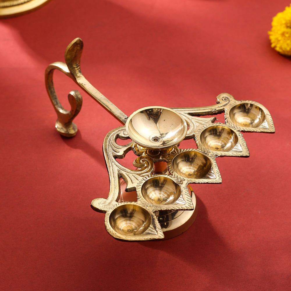 Brass Elegant Panch Aarti With Handle (6.5 Inch) Vedansh Craft