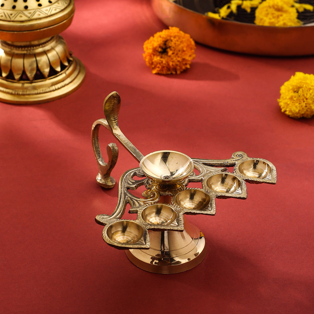 Brass Elegant Panch Aarti With Handle (6.5 Inch) Vedansh Craft