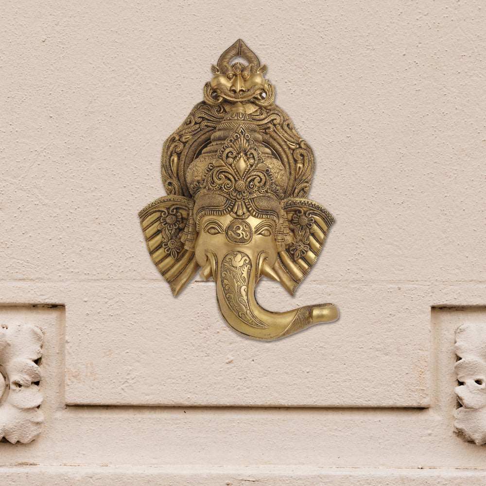 BRASS GANESHA FACE WITH BELL WALL HANGING (18 Inch) Vedansh Craft