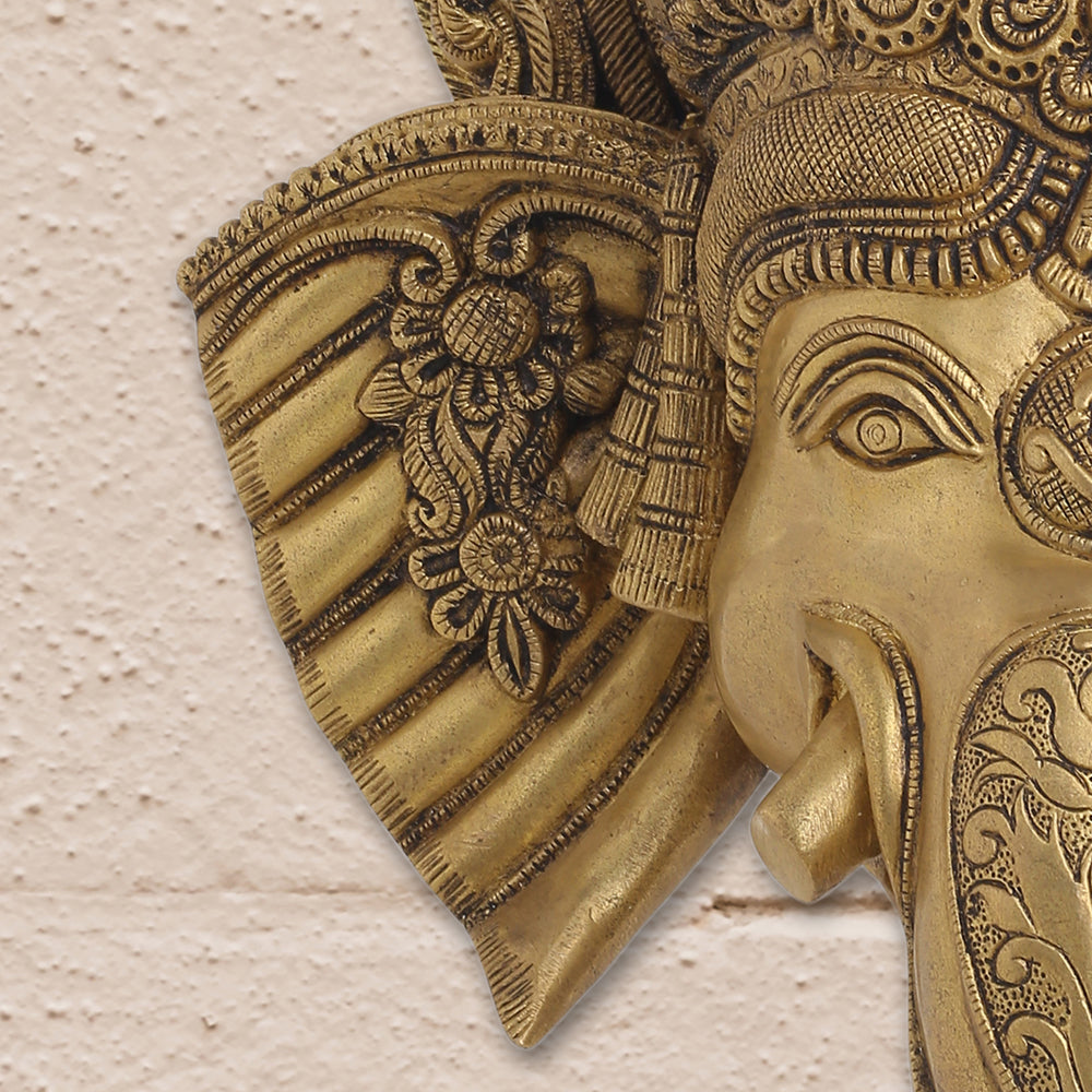 BRASS GANESHA FACE WITH BELL WALL HANGING (18 Inch) Vedansh Craft