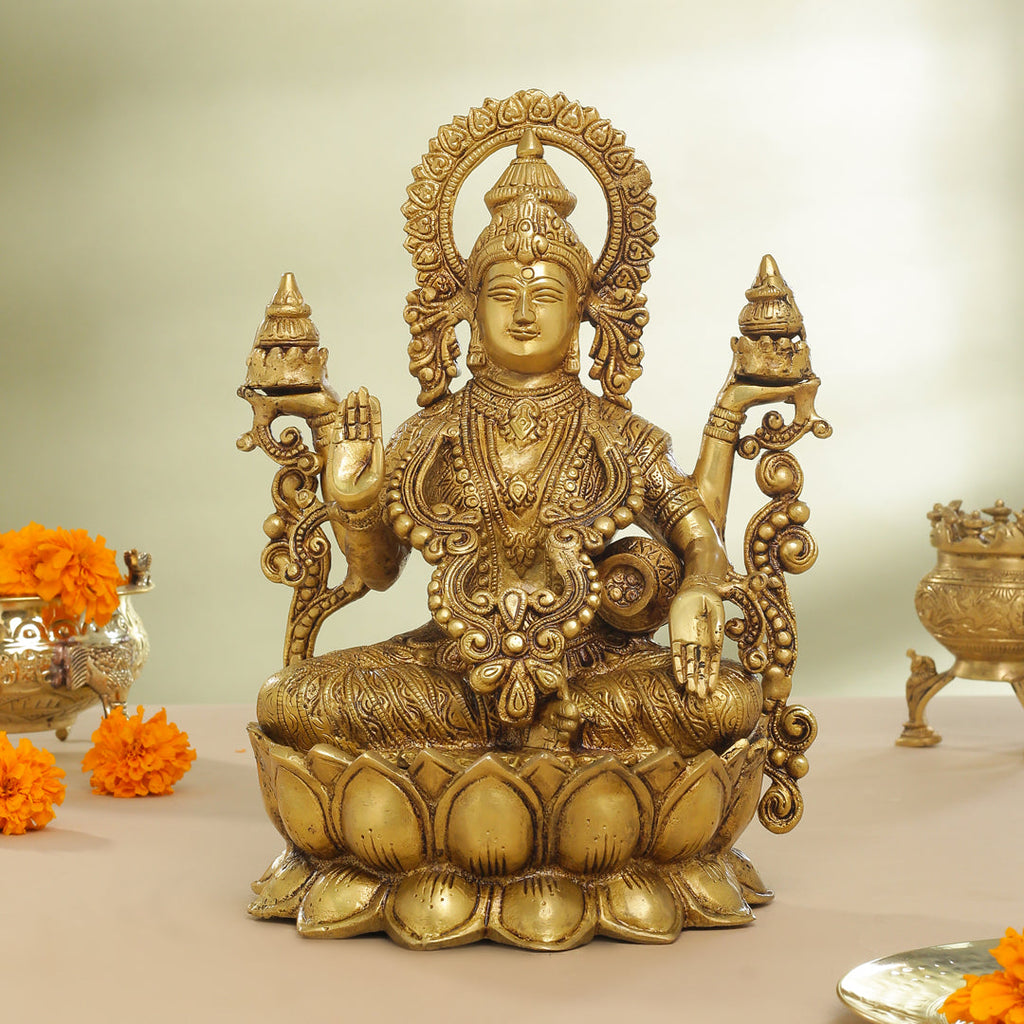 Brass Goddess Lotus Sitting Lakshmi Idol (12 Inch) Vedansh Craft